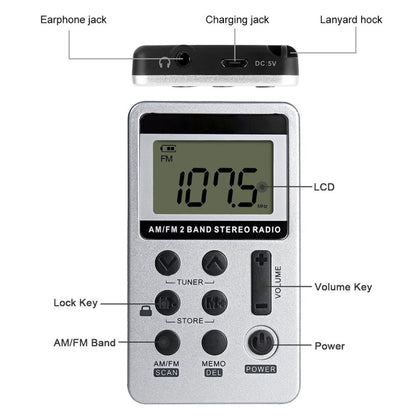 HRD-103 FM + AM Two Band Portable Radio with Lanyard & Headset(Silver) - Radio Player by PMC Jewellery | Online Shopping South Africa | PMC Jewellery | Buy Now Pay Later Mobicred