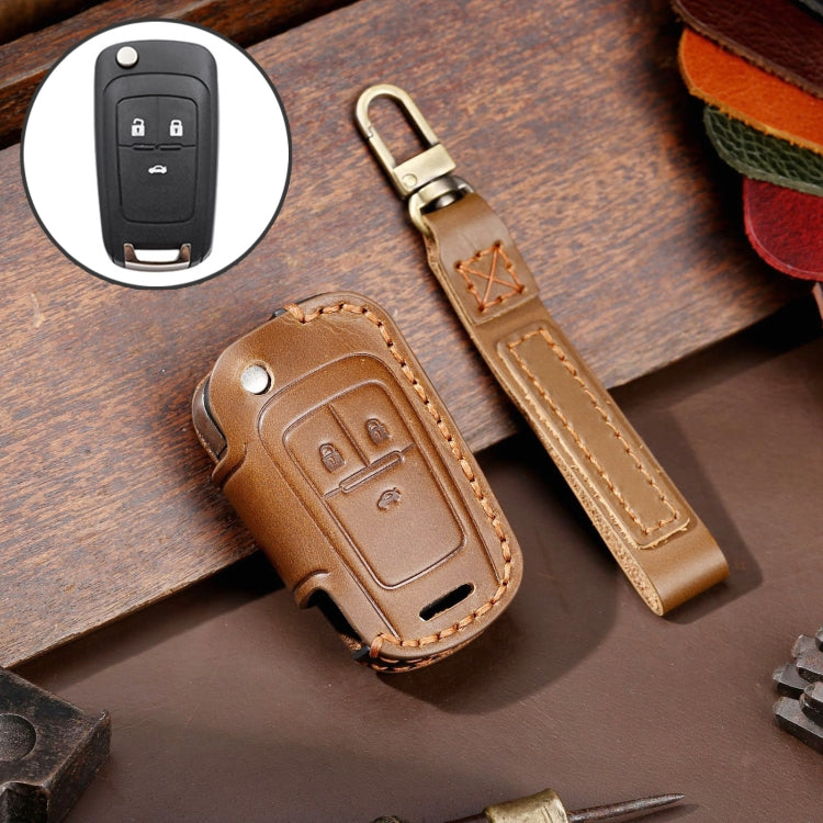 For Chevrolet Folding Hallmo Car Cowhide Leather Key Protective Cover Key Case(Brown) - Car Key Cases by Hallmo | Online Shopping South Africa | PMC Jewellery | Buy Now Pay Later Mobicred