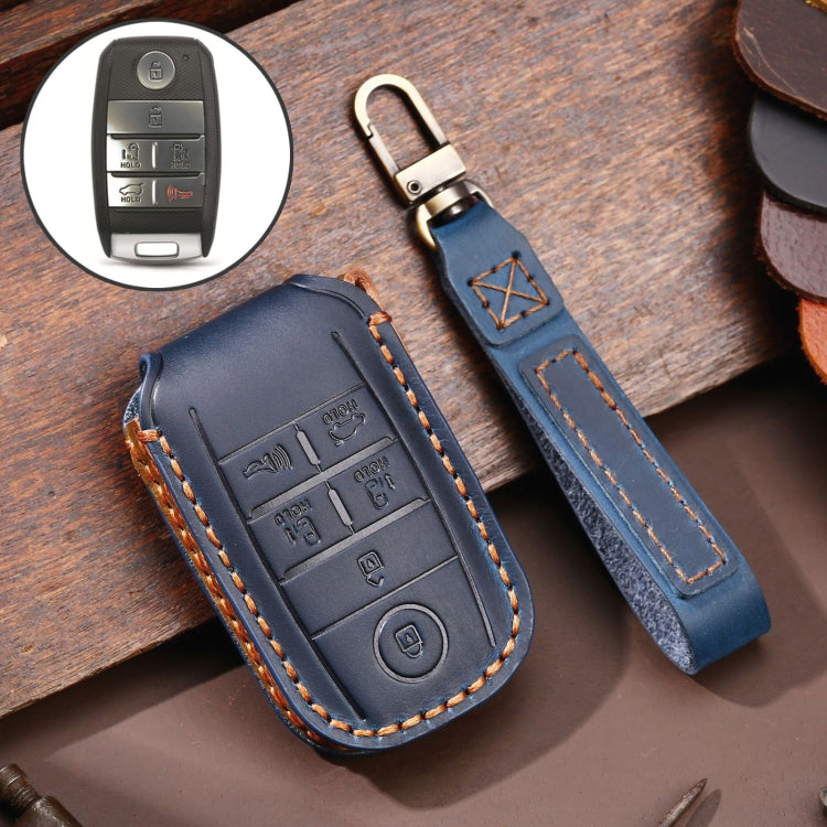 For Kia C134 6-button Hallmo Car Cowhide Leather Key Protective Cover Key Case(Blue) - Car Key Cases by Hallmo | Online Shopping South Africa | PMC Jewellery | Buy Now Pay Later Mobicred