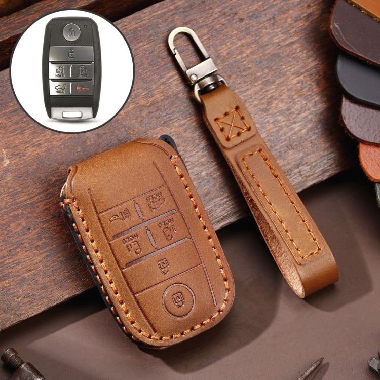 For Kia C134 6-button Hallmo Car Cowhide Leather Key Protective Cover Key Case(Brown) - Car Key Cases by Hallmo | Online Shopping South Africa | PMC Jewellery | Buy Now Pay Later Mobicred