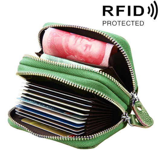 Genuine Leather Dual Layer Zipper Card Holder Wallet RFID Blocking Purse, Size: 10.5x7.0x4.0cm(Green) - Antimagnetic RFID Package by PMC Jewellery | Online Shopping South Africa | PMC Jewellery | Buy Now Pay Later Mobicred