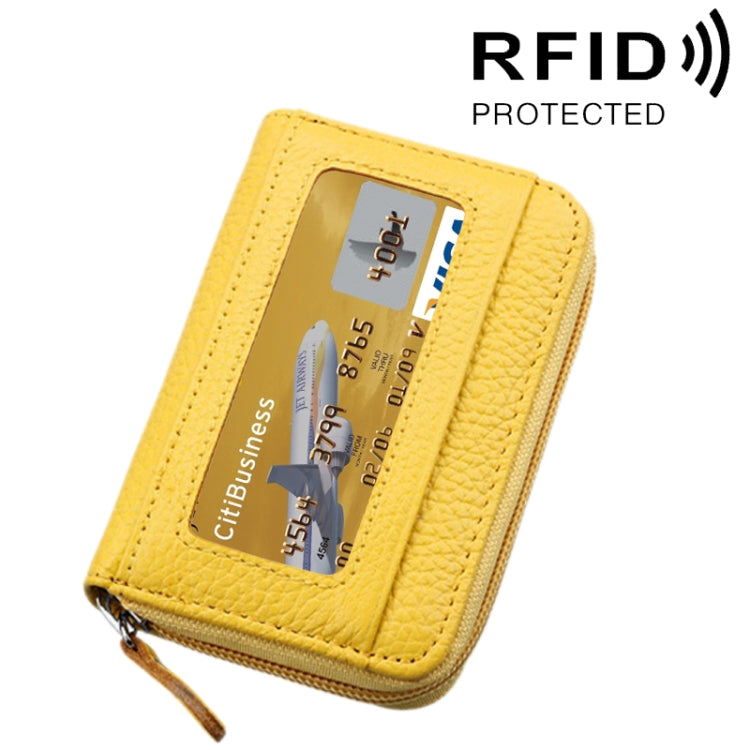 Genuine Cowhide Leather Solid Color Zipper Horizontal Card Holder Wallet RFID Blocking Card Bag Protect Case with 12 Card Slots, Size: 11.5*7.5cm(Yellow) - Antimagnetic RFID Package by PMC Jewellery | Online Shopping South Africa | PMC Jewellery | Buy Now Pay Later Mobicred