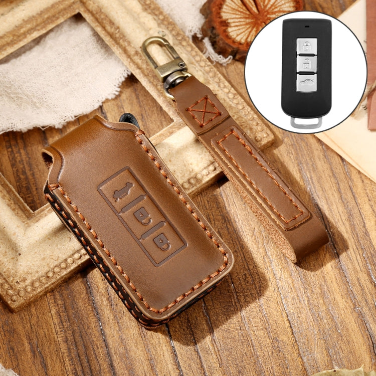 Hallmo Car Cowhide Leather Key Protective Cover Key Case for Mitsubishi Outlander(Brown) - Car Key Cases by Hallmo | Online Shopping South Africa | PMC TechLife | Buy Now Pay Later Mobicred