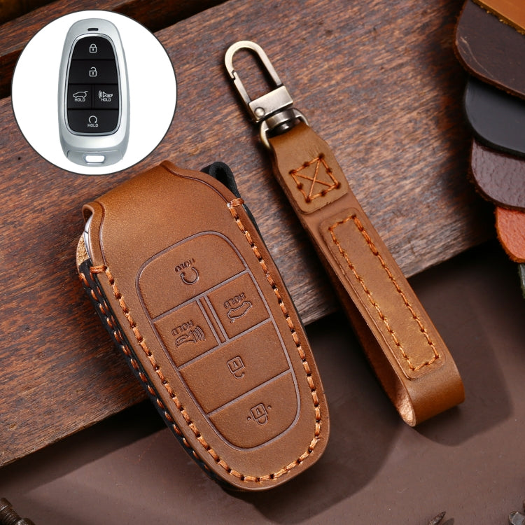 Hallmo Car Cowhide Leather Key Protective Cover Key Case for Hyundai 5-button(Brown) - Car Key Cases by Hallmo | Online Shopping South Africa | PMC Jewellery | Buy Now Pay Later Mobicred