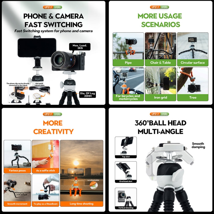 Fotopro UFO 3 Flexible Tripod Mount for SLR Cameras, GoPro, Phones (Orange) - Portable Mini Tripod by Fotopro | Online Shopping South Africa | PMC Jewellery | Buy Now Pay Later Mobicred