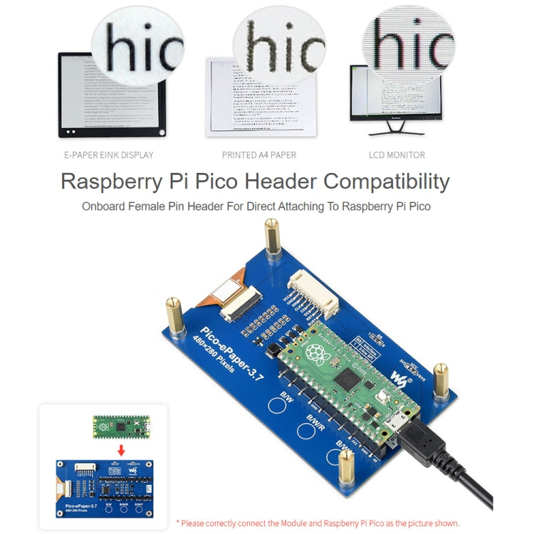 Waveshare 3.7 inch 480x280 Pixel E-Paper E-Ink Display Module for Raspberry Pi Pico, 4 Grayscale, SPI Interface - Modules Expansions Accessories by WAVESHARE | Online Shopping South Africa | PMC Jewellery | Buy Now Pay Later Mobicred