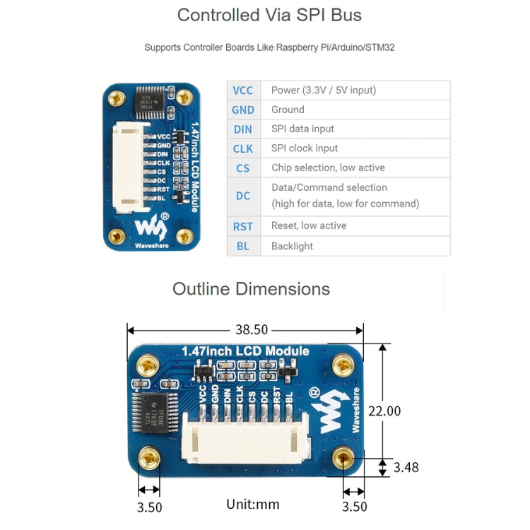 WAVESHARE 1.47 inch LCD Display Module, Rounded Corners, 172 x 320 Resolution, SPI Interface - Modules Expansions Accessories by VONETS | Online Shopping South Africa | PMC Jewellery | Buy Now Pay Later Mobicred