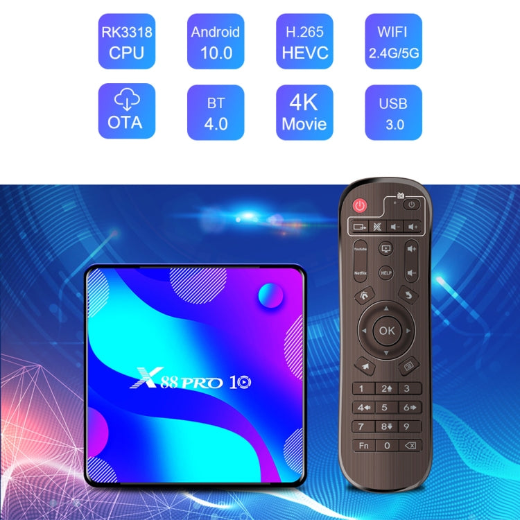 X88 Pro 10 4K Ultra HD Android TV Box with Remote Controller, Android 10.0, RK3318 Quad-Core 64bit Cortex-A53, 4GB+64GB, Support Bluetooth / Dual-Band WiFi / TF Card / USB / AV / Ethernet(AU Plug) - RK3318 by PMC Jewellery | Online Shopping South Africa | PMC Jewellery | Buy Now Pay Later Mobicred