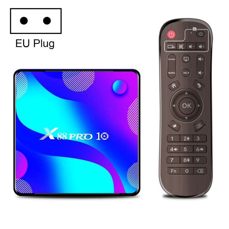 X88 Pro 10 4K Ultra HD Android TV Box with Remote Controller, Android 10.0, RK3318 Quad-Core 64bit Cortex-A53, 4GB+64GB, Support Bluetooth / Dual-Band WiFi / TF Card / USB / AV / Ethernet(EU Plug) - RK3318 by PMC Jewellery | Online Shopping South Africa | PMC Jewellery | Buy Now Pay Later Mobicred