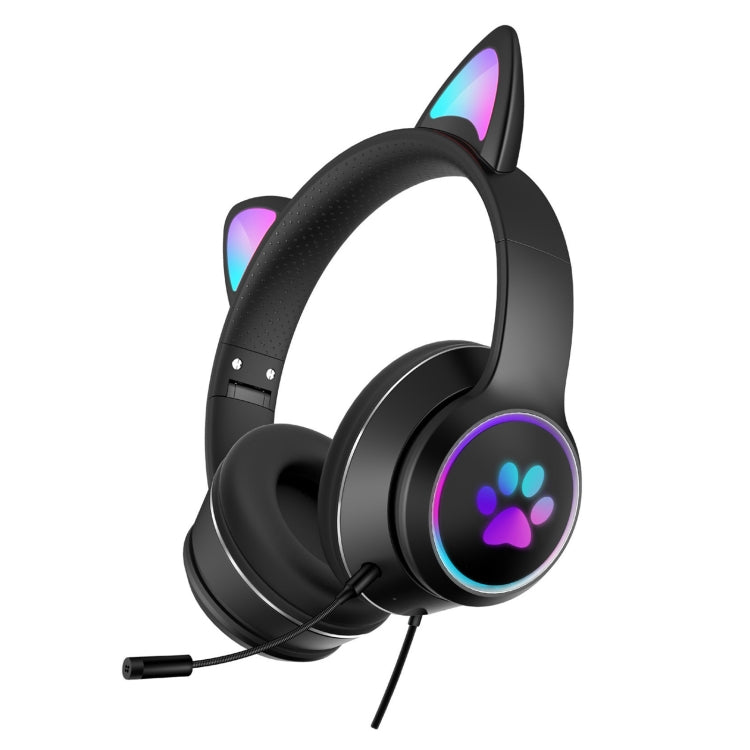 AKZ-022 USB + 3.5mm Port Cat Ear Design Foldable LED Headset with Mic(Black) - Multimedia Headset by PMC Jewellery | Online Shopping South Africa | PMC Jewellery | Buy Now Pay Later Mobicred