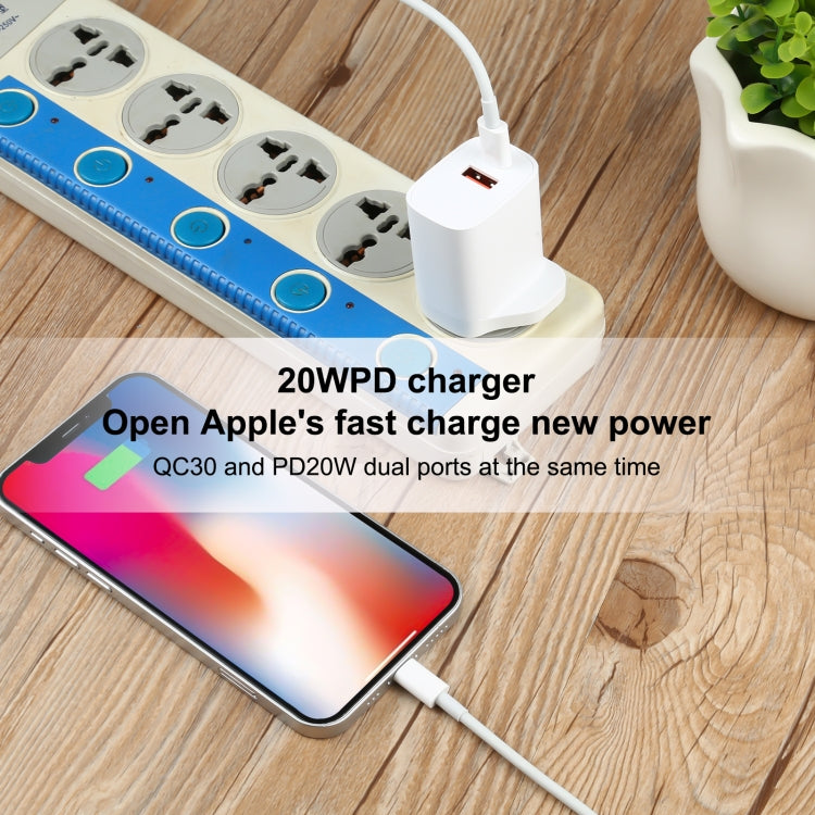 E087 20W USB-C / Type-C + USB Ports Charger with 100W Type-C to 8 Pin Fast Charging Cable 1m, UK Plug - USB Charger by PMC Jewellery | Online Shopping South Africa | PMC Jewellery | Buy Now Pay Later Mobicred