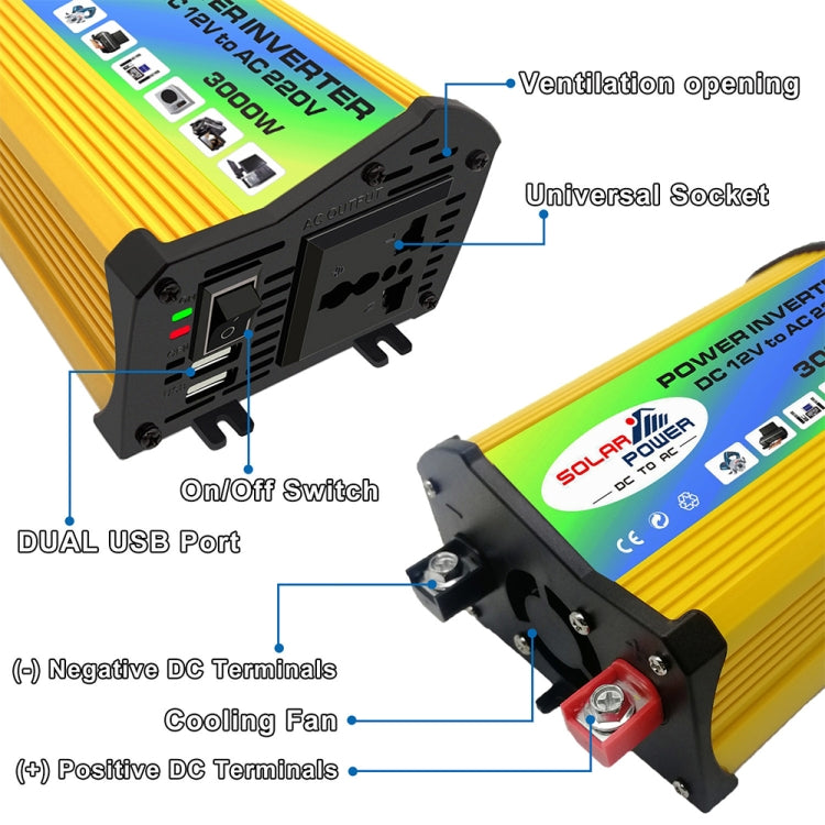 Legend I Generation DC12V to AC110V 3000W Modified Square Wave Car Power Inverter(Yellow) - Modified Square Wave by PMC Jewellery | Online Shopping South Africa | PMC Jewellery | Buy Now Pay Later Mobicred