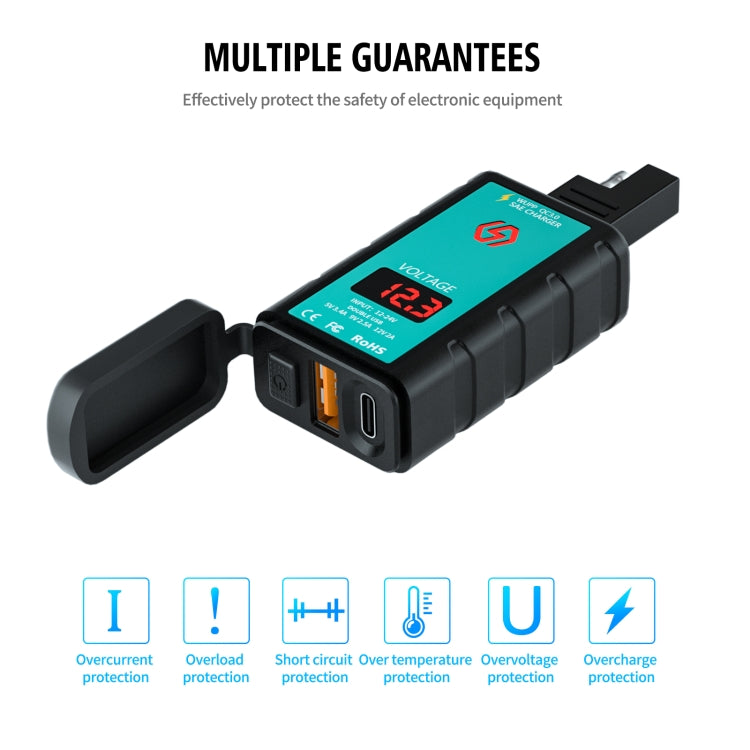 WUPP ZH-1422B3 DC12-24V Motorcycle Square Single USB + PD Fast Charging Charger with Switch + Voltmeter + Integrated SAE Socket + 1.4m OT Terminal Cable - Battery Charger by WUPP | Online Shopping South Africa | PMC Jewellery | Buy Now Pay Later Mobicred