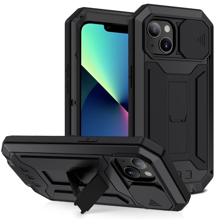 For iPhone 13 mini R-JUST Sliding Camera Shockproof Life Waterproof Dust-proof Metal + Silicone Protective Case with Holder (Black) - iPhone 13 mini Cases by R-JUST | Online Shopping South Africa | PMC Jewellery