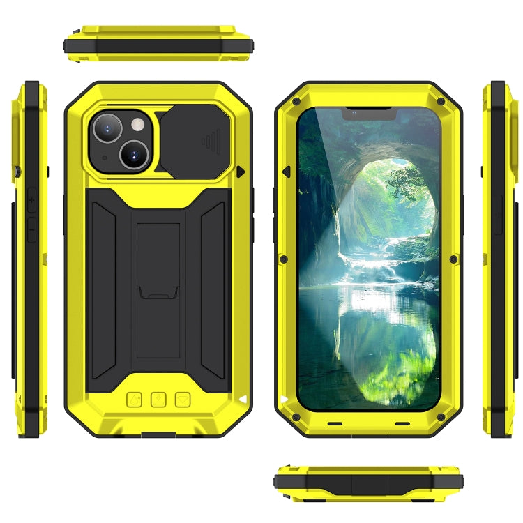 For iPhone 13 R-JUST Sliding Camera Shockproof Life Waterproof Dust-proof Metal + Silicone Protective Case with Holder(Yellow) - iPhone 13 Cases by R-JUST | Online Shopping South Africa | PMC Jewellery