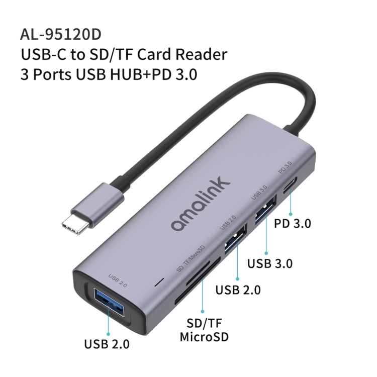 amalink 95120D Type-C / USB-C to SD/TF + 3 Ports USB + PD 3.0 Multi-function HUB (Grey) - USB HUB by amalink | Online Shopping South Africa | PMC Jewellery | Buy Now Pay Later Mobicred