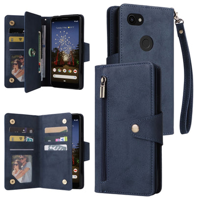 For Google Pixel 3A Rivet Buckle 9 Cards Three Fold Leather Phone Case(Blue) - Google Cases by PMC Jewellery | Online Shopping South Africa | PMC Jewellery | Buy Now Pay Later Mobicred