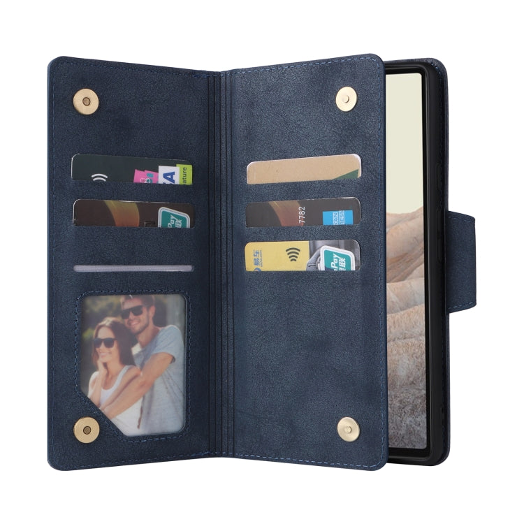 For Google Pixel 6 Rivet Buckle 9 Cards Three Fold Leather Phone Case(Blue) - Google Cases by PMC TechLife | Online Shopping South Africa | PMC TechLife | Buy Now Pay Later Mobicred