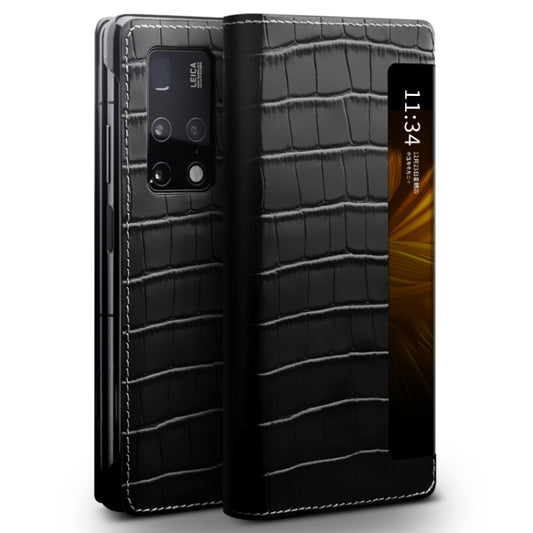 For Huawei Mate X2 QIALINO Crocodile Pattern Side Window View Genuine Leather Phone Case(Black) - Huawei Cases by QIALINO | Online Shopping South Africa | PMC Jewellery | Buy Now Pay Later Mobicred