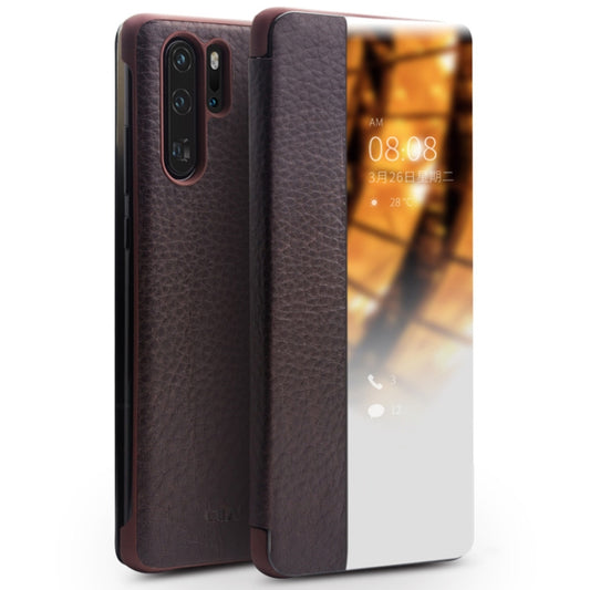 For Huawei P30 Pro QIALINO Genuine Leather Side Window View Smart Phone Case(Brown) - Huawei Cases by QIALINO | Online Shopping South Africa | PMC Jewellery | Buy Now Pay Later Mobicred