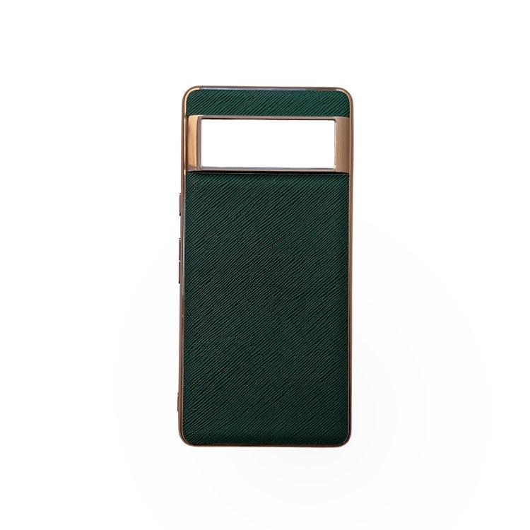 For Google Pixel 6a Nano Electroplating Cross Texture Genuine Leather Phone Case(Green) - Google Cases by PMC TechLife | Online Shopping South Africa | PMC TechLife | Buy Now Pay Later Mobicred