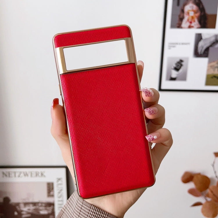 For Google Pixel 6a Nano Electroplating Cross Texture Genuine Leather Phone Case(Red) - Google Cases by PMC TechLife | Online Shopping South Africa | PMC TechLife | Buy Now Pay Later Mobicred
