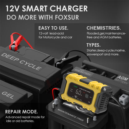 FOXSUR 6A 12V Motorcycle / Car Smart Battery Charger, Plug Type:EU Plug(Yellow) - Battery Charger by FOXSUR | Online Shopping South Africa | PMC Jewellery | Buy Now Pay Later Mobicred