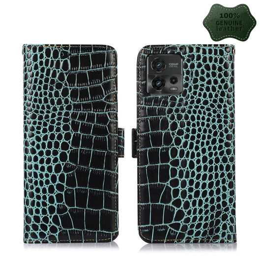 For Motorola Moto G72 Magnetic Crocodile Texture Genuine Leather RFID Phone Case(Green) - Motorola Cases by PMC Jewellery | Online Shopping South Africa | PMC Jewellery | Buy Now Pay Later Mobicred