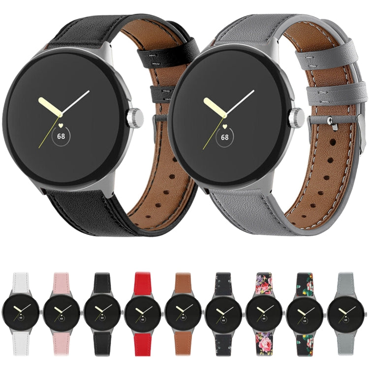 For Google Pixel Watch 1 / 2 / 3 41mm Round Tail Genuine Leather Watch Band(Black Pink Flower) - free shipping - PMC TechLife - Order now!