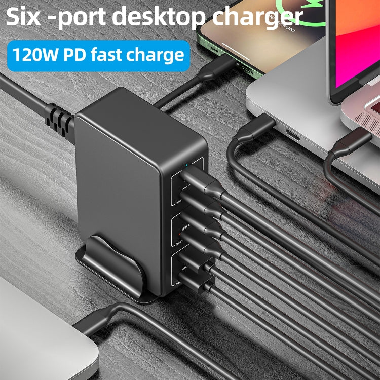 818H 120W Type-C + USB 6-Ports Desktop Fast Charger, Plug Type:UK Plug(Black) - Multifunction Charger by PMC Jewellery | Online Shopping South Africa | PMC Jewellery | Buy Now Pay Later Mobicred