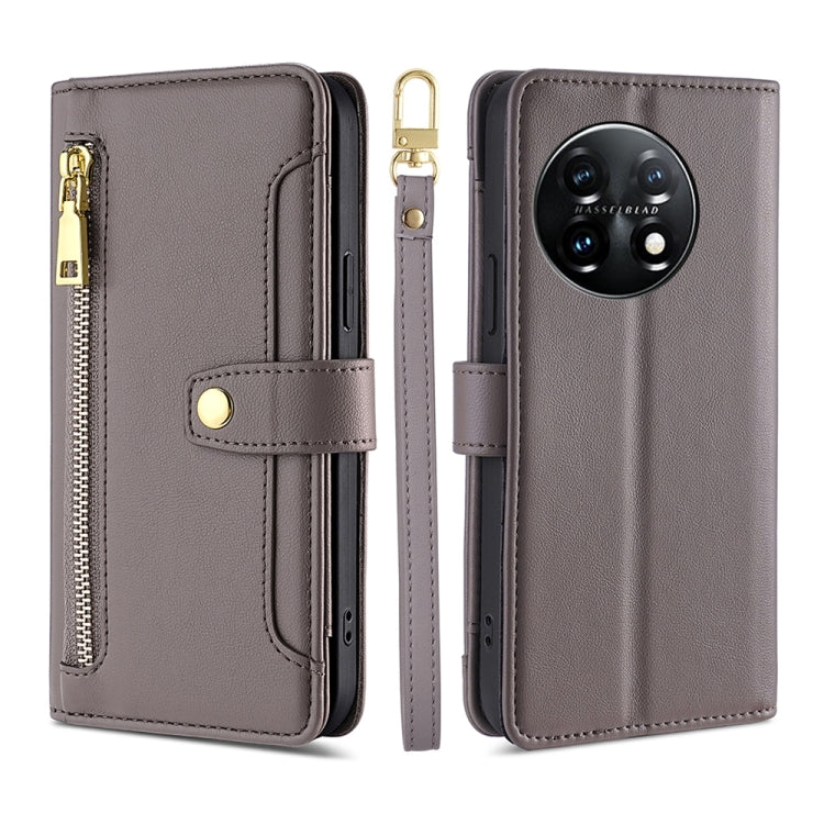 For OnePlus 11 Sheep Texture Cross-body Zipper Wallet Leather Phone Case(Grey) - OnePlus Cases by PMC TechLife | Online Shopping South Africa | PMC TechLife | Buy Now Pay Later Mobicred
