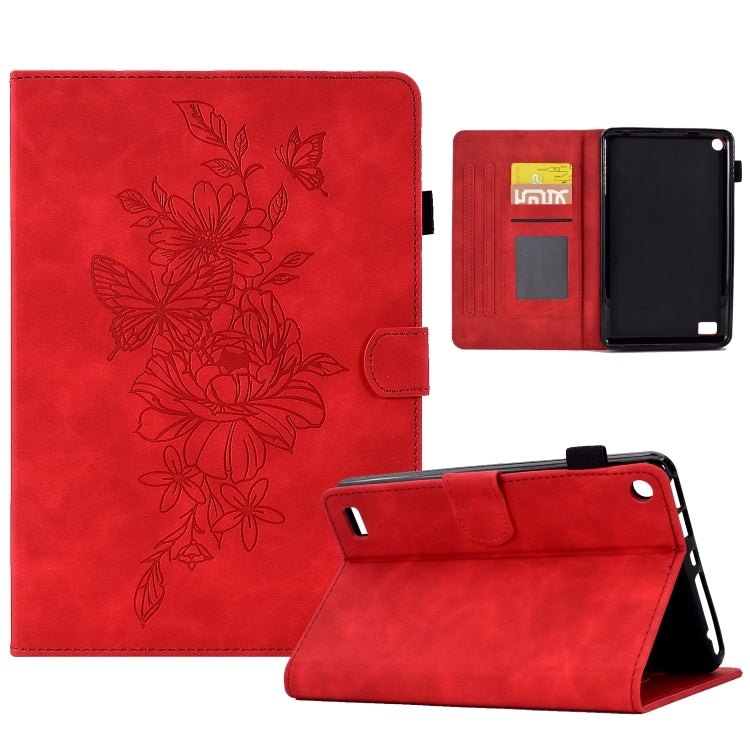 For Amazon Kindle Fire 7 2019/2017/2015 Peony Butterfly Embossed Leather Smart Tablet Case(Red) - Amazon by PMC TechLife | Online Shopping South Africa | PMC TechLife | Buy Now Pay Later Mobicred