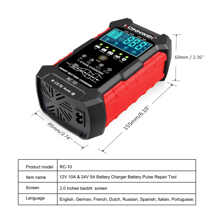 KONNWEI RC-10 2 inch Car Battery Charger Battery Pulse Repair Tool, Plug Type:EU Plug - Battery Charger by KONNWEI | Online Shopping South Africa | PMC Jewellery | Buy Now Pay Later Mobicred