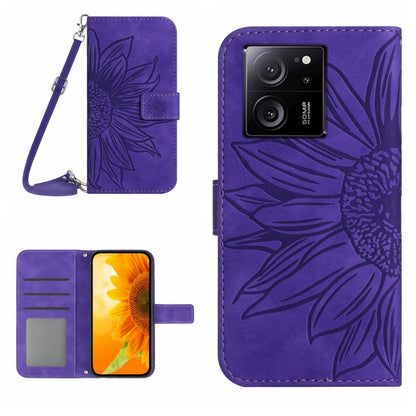 For Xiaomi 13T / 13T Pro Skin Feel Sun Flower Embossed Flip Leather Phone Case with Lanyard(Dark Purple) - Xiaomi Cases by PMC Jewellery | Online Shopping South Africa | PMC Jewellery | Buy Now Pay Later Mobicred