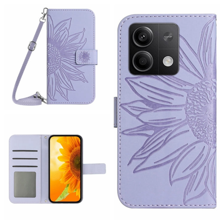 For Xiaomi Redmi Note 13 4G Global Skin Feel Sun Flower Embossed Flip Leather Phone Case with Lanyard(Purple) - Note 13 Cases by PMC Jewellery | Online Shopping South Africa | PMC Jewellery | Buy Now Pay Later Mobicred