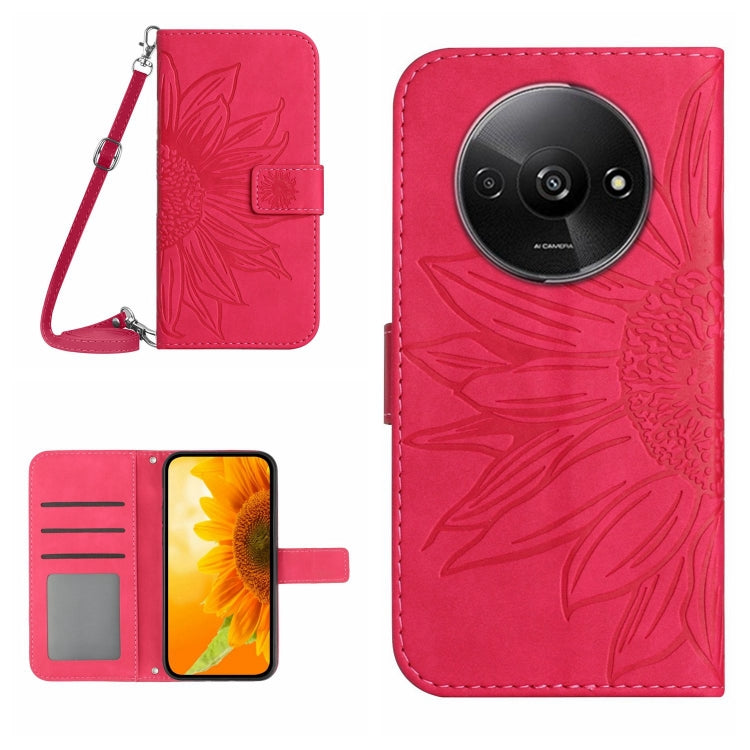 For Xiaomi Redmi A3 Skin Feel Sun Flower Embossed Flip Leather Phone Case with Lanyard(Rose Red) - Xiaomi Cases by PMC Jewellery | Online Shopping South Africa | PMC Jewellery | Buy Now Pay Later Mobicred