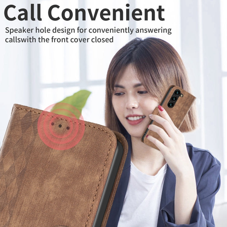 For Samsung Galaxy S24 5G Plaid Embossed Leather Phone Case(Brown) - Galaxy S24 5G Cases by PMC TechLife | Online Shopping South Africa | PMC TechLife