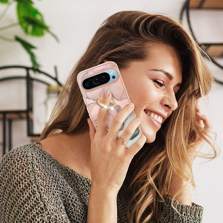 For Google Pixel 9 / 9 Pro Electroplating Marble Dual-side IMD Phone Case with Ring(Rose Gold 015) - Google Cases by PMC Jewellery | Online Shopping South Africa | PMC Jewellery | Buy Now Pay Later Mobicred