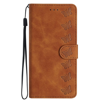 For iPhone 16 Seven Butterflies Embossed Leather Phone Case(Brown) - iPhone 16 Cases by PMC Jewellery | Online Shopping South Africa | PMC Jewellery | Buy Now Pay Later Mobicred