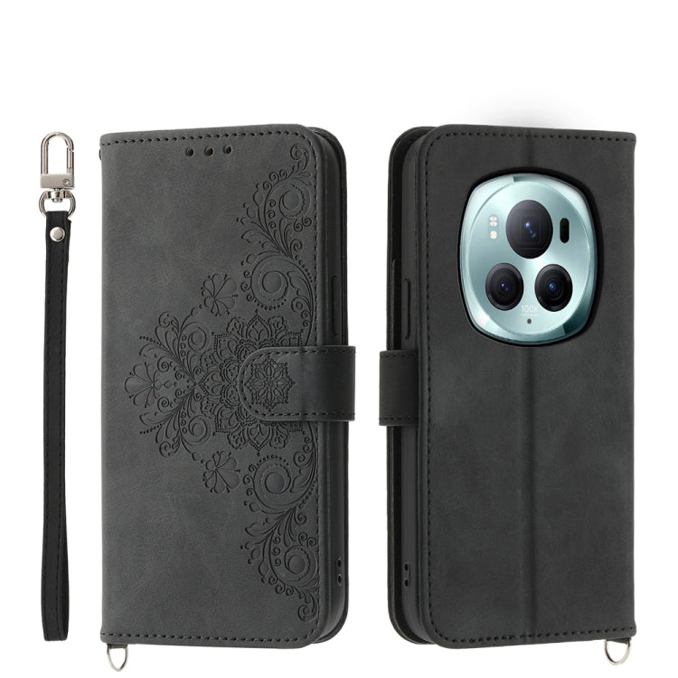 For Honor Magic6 Pro Skin-feel Flowers Embossed Wallet Leather Phone Case(Black) - Honor Cases by PMC Jewellery | Online Shopping South Africa | PMC Jewellery | Buy Now Pay Later Mobicred