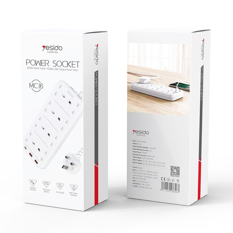 Yesido MC-16 8 Plugs + PD 20W+2 QC3.0 Ports 3250W High Power Fast Charging Socket(UK Plug) - Extension Socket by Yesido | Online Shopping South Africa | PMC Jewellery | Buy Now Pay Later Mobicred