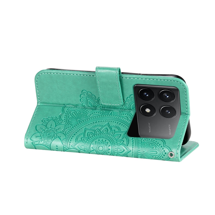 For Xiaomi Redmi K70E 7-petal Flowers Embossing Leather Phone Case(Green) - K70E Cases by PMC Jewellery | Online Shopping South Africa | PMC Jewellery | Buy Now Pay Later Mobicred