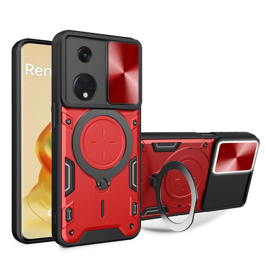 For OPPO Reno8 T 5G CD Texture Sliding Camshield Magnetic Holder Phone Case(Red) - OPPO Cases by PMC Jewellery | Online Shopping South Africa | PMC Jewellery | Buy Now Pay Later Mobicred