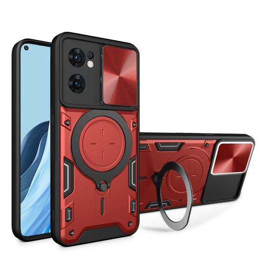 For OPPO Reno7 5G CD Texture Sliding Camshield Magnetic Holder Phone Case(Red) - OPPO Cases by PMC Jewellery | Online Shopping South Africa | PMC Jewellery | Buy Now Pay Later Mobicred