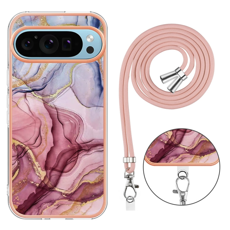 For Google Pixel 9 Pro XL Electroplating Marble Dual-side IMD Phone Case with Lanyard(Rose Red 014) - Google Cases by PMC Jewellery | Online Shopping South Africa | PMC Jewellery | Buy Now Pay Later Mobicred