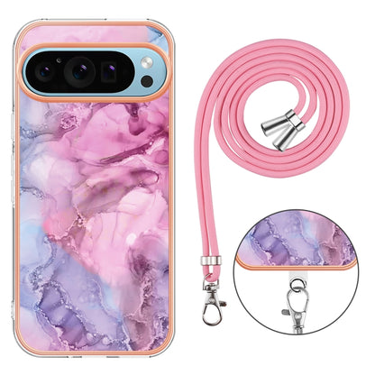 For Google Pixel 9 Pro XL Electroplating Marble Dual-side IMD Phone Case with Lanyard(Pink 013) - Google Cases by PMC Jewellery | Online Shopping South Africa | PMC Jewellery | Buy Now Pay Later Mobicred