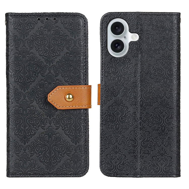 For iPhone 16 Plus European Floral Embossed Leather Phone Case(Black) - iPhone 16 Plus Cases by PMC Jewellery | Online Shopping South Africa | PMC Jewellery | Buy Now Pay Later Mobicred