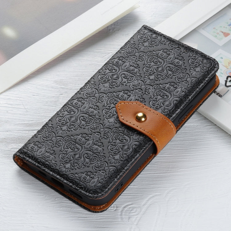 For iPhone 16e European Floral Embossed Leather Phone Case(Black) - iPhone 16e Cases by PMC TechLife | Online Shopping South Africa | PMC TechLife | Buy Now Pay Later Mobicred