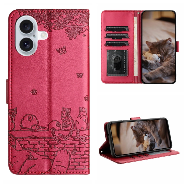 For iPhone 16 Plus Cat Embossing Pattern Leather Phone Case with Lanyard(Red) - iPhone 16 Plus Cases by PMC TechLife | Online Shopping South Africa | PMC TechLife | Buy Now Pay Later Mobicred