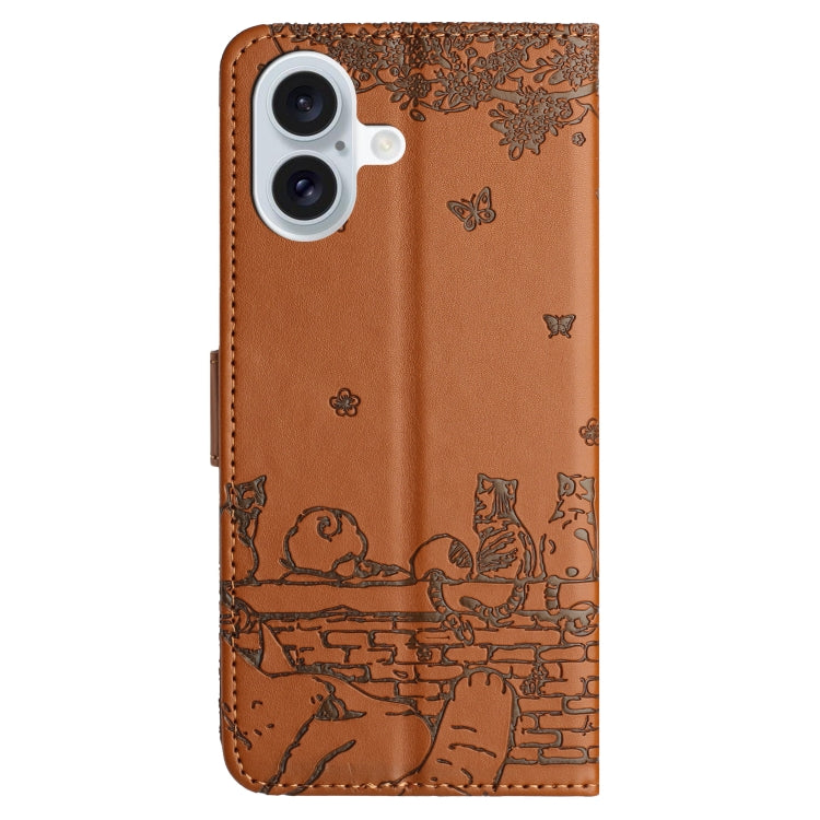 For iPhone 16 Plus Cat Embossing Pattern Leather Phone Case with Lanyard(Brown) - iPhone 16 Plus Cases by PMC Jewellery | Online Shopping South Africa | PMC Jewellery | Buy Now Pay Later Mobicred